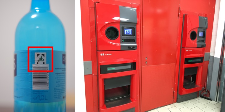 写真1. 回収対象のマーク(左)とスーパーにある自動容器回収機(右)